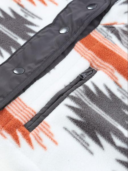 Women's Geometric Print Pocket Button Front Zipper Stand Collar Polar Fleece Jacket, Casual Long Sleeve Outerwear For Fall & Winter, Women's Clothes For Daily Wear - Seldom Seen Styles