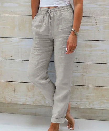 Womens Tapered Pants Cotton Linen Drawstring Back Elastic Waist Pants Casual Trousers with Pockets - Seldom Seen Styles