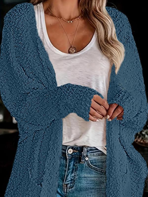 Women's Plain Pocket Batwing Sleeve Cardigan, Casual Long Sleeve Open Front Knitwear for Fall & Winter, Women's Knit Clothing for Daily Wear - Seldom Seen Styles