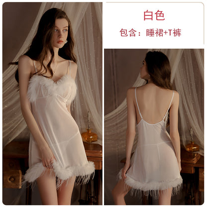 Womens Sexy 3 Piece Fuzzy Lingerie Set Transparent Tulle Nightshirt With Robe and G-String - Seldom Seen Styles