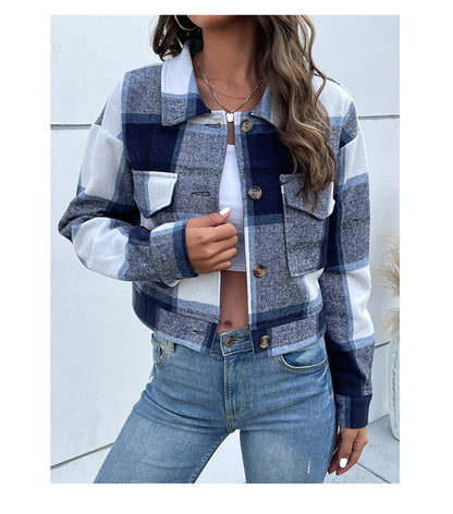 Women's Flannel Cropped Plaid Shacket Jacket Button Down Long Sleeve Shirts Tops