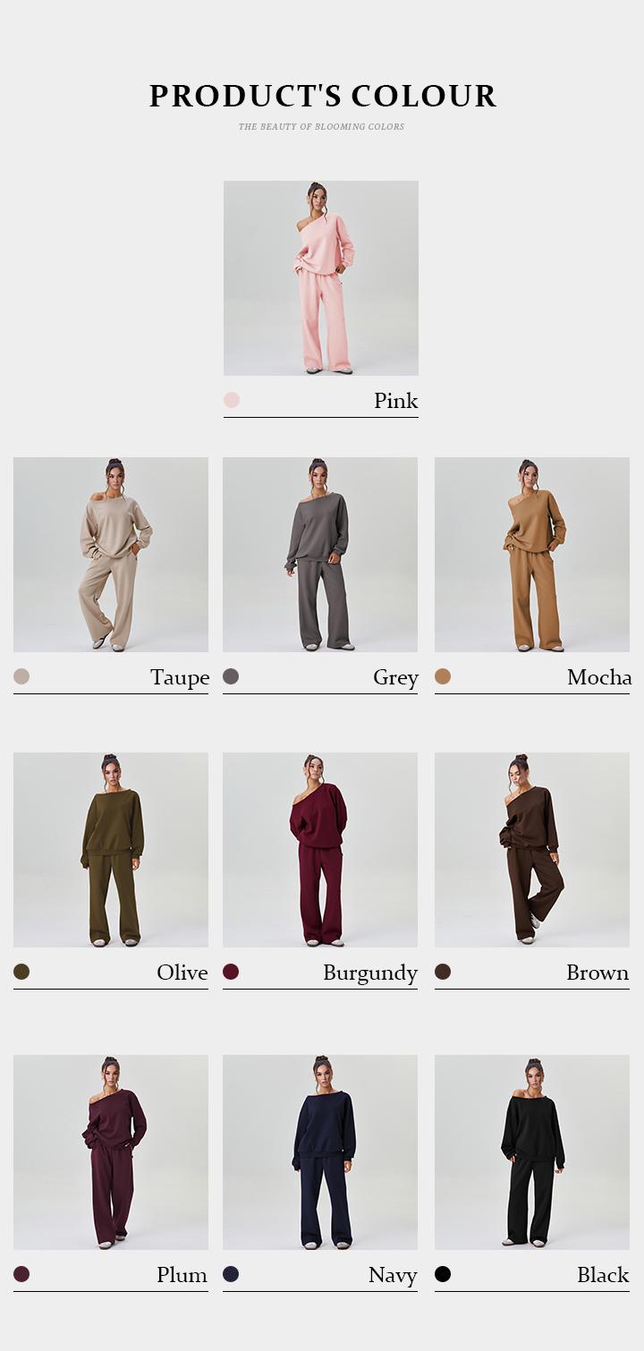 Women's Leisure Solid Color Sloping Shoulder Long Sleeve Top & Wide Leg Trousers Co-ord, Cozy Scoop Neck Loose Two Piece Outfits, Basic Womenswear - Seldom Seen Styles