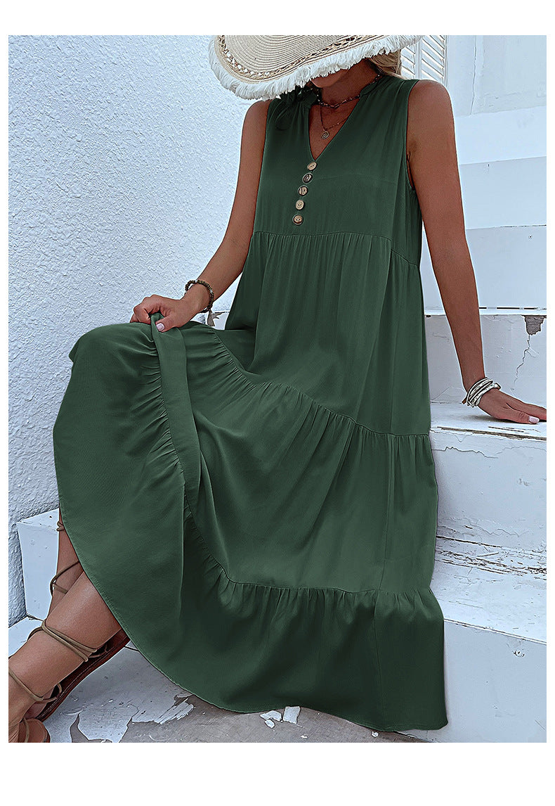 Summer Flowy Maxi Dress with Pockets Sleeveless Loose Casual Sundress V-Neck Tiered Sun Dress for Beach Cruise Vacations