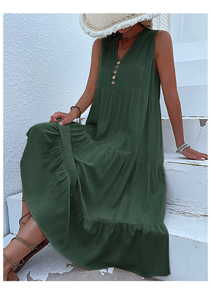 Summer Flowy Maxi Dress with Pockets Sleeveless Loose Casual Sundress V-Neck Tiered Sun Dress for Beach Cruise Vacations