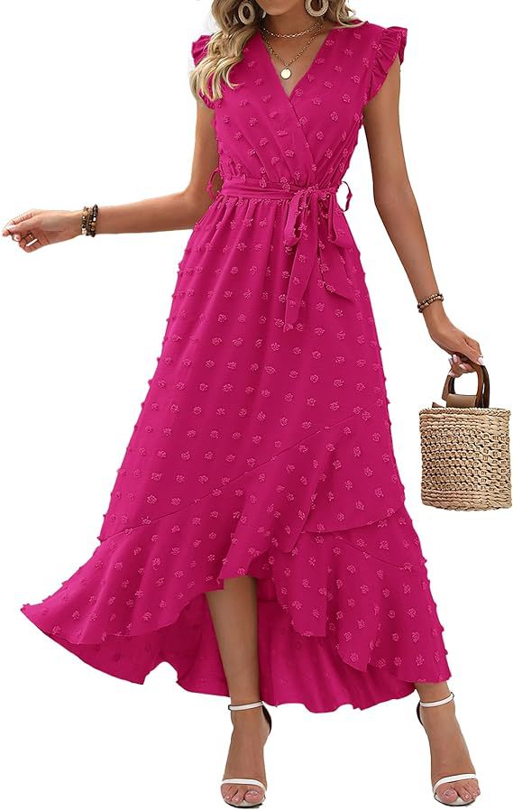 Women's V-Neck Summer Dress 2025 Cap Sleeve Swiss Dot Boho Flowy Ruffle Slit Beach