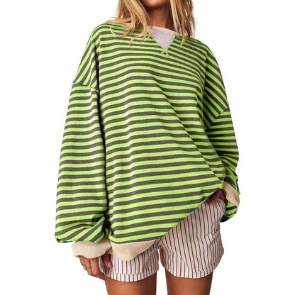 【Up To 3XL】Fisace Christmas Womenswear Striped Oversized Sweatshirt Color Block Crew Neck Long Sleeve Shirt Casual Loose Pullover Top Y2K Clothes back to school - Seldom Seen Styles
