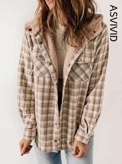Women's Plaid / Houndstooth Print Button Front Hooded Coat, Casual Long Sleeve Pocket Coat for Fall & Winter, Ladies Outerwear for Daily Wear - Seldom Seen Styles