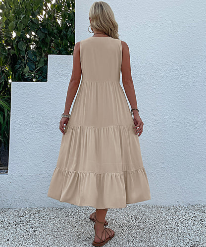 Summer Flowy Maxi Dress with Pockets Sleeveless Loose Casual Sundress V-Neck Tiered Sun Dress for Beach Cruise Vacations