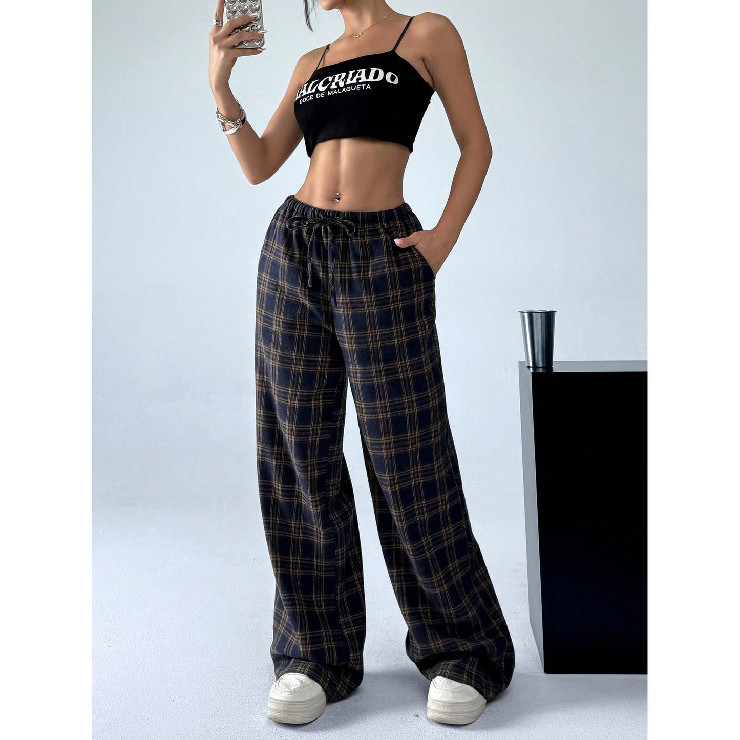 Women's Letter Leopard Print Straight Leg Pants Elastic Waist Y2K Trousers Bottoms with Pockets - Seldom Seen Styles