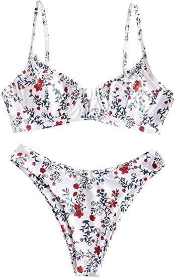 Women's Underwire Bikini Floral High Cut Bikini Set V-Wired Two Piece Swimsuit Bathing Suit