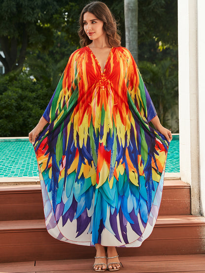 [Plus Size] Butterfly/feather Print Ruched Split Hem Tunic Dress, Valentine's Day Elegant Batwing Sleeve V Neck Long Dress for Summer, Casual Womenswear, Gift, Homecoming Dresses, Women's Clothes for Beach Holiday Vacation, Moo Moo Dresses