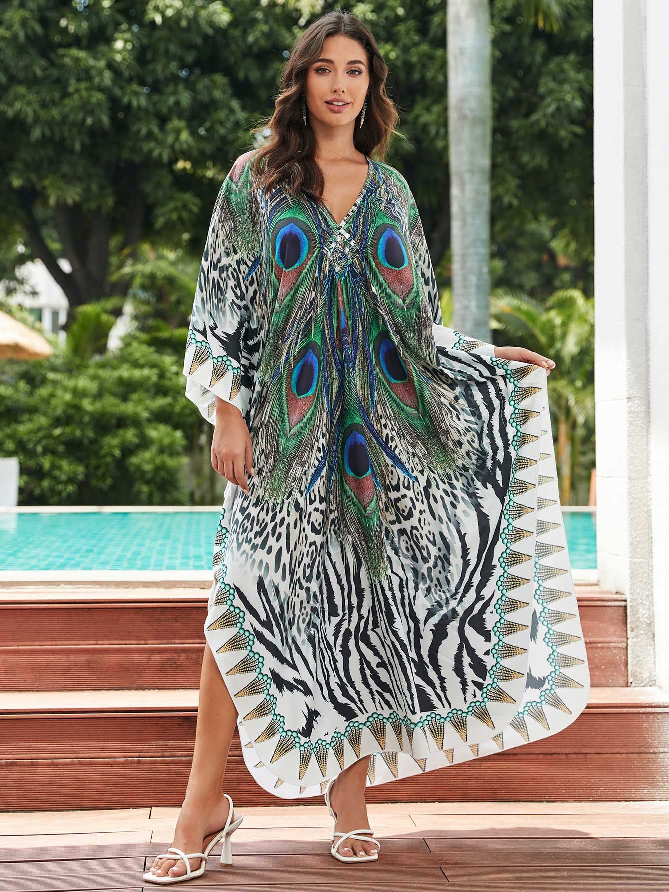 [Plus Size] Butterfly/feather Print Ruched Split Hem Tunic Dress, Valentine's Day Elegant Batwing Sleeve V Neck Long Dress for Summer, Casual Womenswear, Gift, Homecoming Dresses, Women's Clothes for Beach Holiday Vacation, Moo Moo Dresses