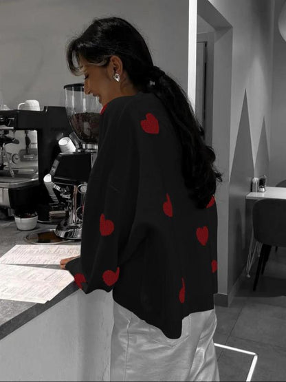 Women's Spring Heart Print Long Sleeve Crewneck Knitting Jumper, Comfort Round Neck Sweater for Daily Streetwear,  Tiktop Shop, Lady's Top for Spring - Seldom Seen Styles