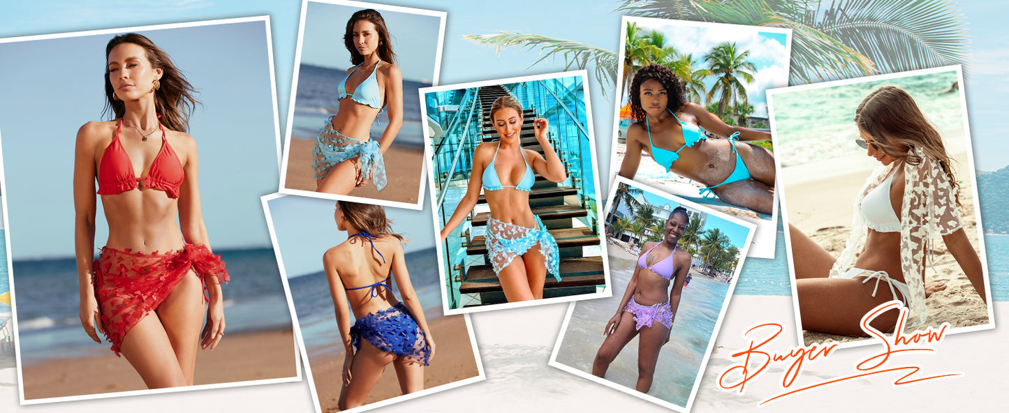 Womens 3 Piece Swimsuits Triangle Halter Thong Bikini Set Butterfly Bathing Suits Sarongs