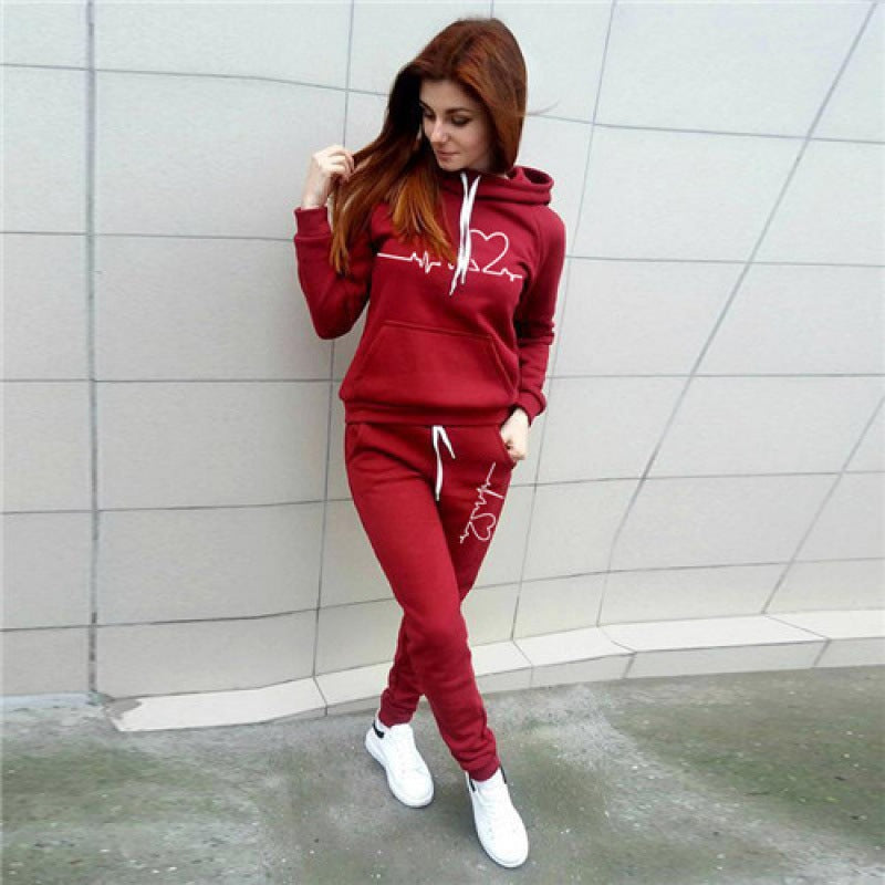 Two-Piece Set Women's Heart Print Raglan Sleeve Hoodie & Drawstring Waist Sweatpants Set, Casual Long Sleeve Hooded Pullover & Pocket Jogger Pants, Women's Fall & Winter Clothes, Holiday Outfits, Soft Clothes - Seldom Seen Styles