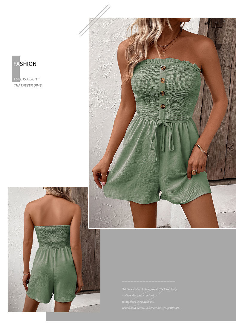 Women's Buttons Frill Trim Wide Leg Tube Romper, Casual Comfort Tie Front Shirred Sleeveless Romper, Rompers for Women, Summer Romper for Lady, Summer Outfits, Going Out Outfits 2024 - Seldom Seen Styles