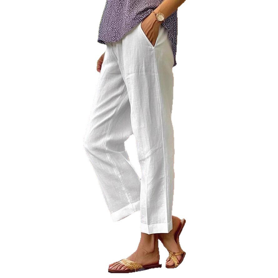 Linen Pants Women Summer Elastic Waist Straight Leg Plus Size Crop Pants Casual Beach Trousers with Pockets - Seldom Seen Styles