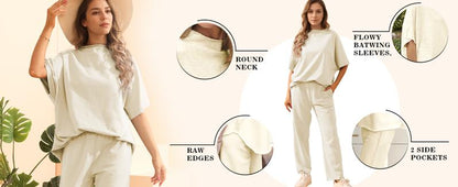 Songling Women Casual Two Piece Outfits 3/4 Batwing Sleeve Capelet CrewNeck Pullover Top Wide Leg Pants Lounge Sets Sweatsuit - Seldom Seen Styles
