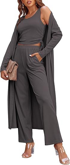 Cozy New Ekouaer Women's 3 Piece Knit Lounge Set Long Sleeve Cardigan Sleeveless Top Pants Sweatsuit S-XXL - Seldom Seen Styles