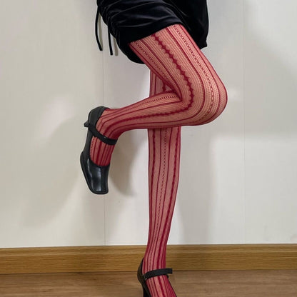 Spring and Autumn Striped Dark Red Millennium Hot-Selling Slimming Stockings Retro Dark Pattern Hot Girl Versatile Thin Pantyhose - Seldom Seen Styles