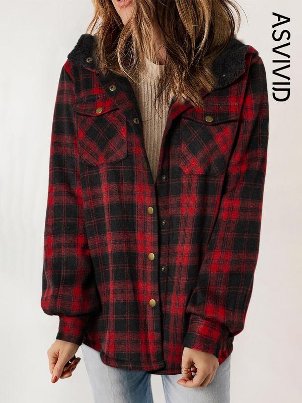 Women's Plaid / Houndstooth Print Button Front Hooded Coat, Casual Long Sleeve Pocket Coat for Fall & Winter, Ladies Outerwear for Daily Wear - Seldom Seen Styles