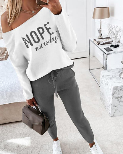 Women's 2 Piece Outfit Nope Not Today Print Skew Neck Long Sleeve Pullover Top with Stretchy Waist Long Pants Tracksuit Jogger Set - Seldom Seen Styles