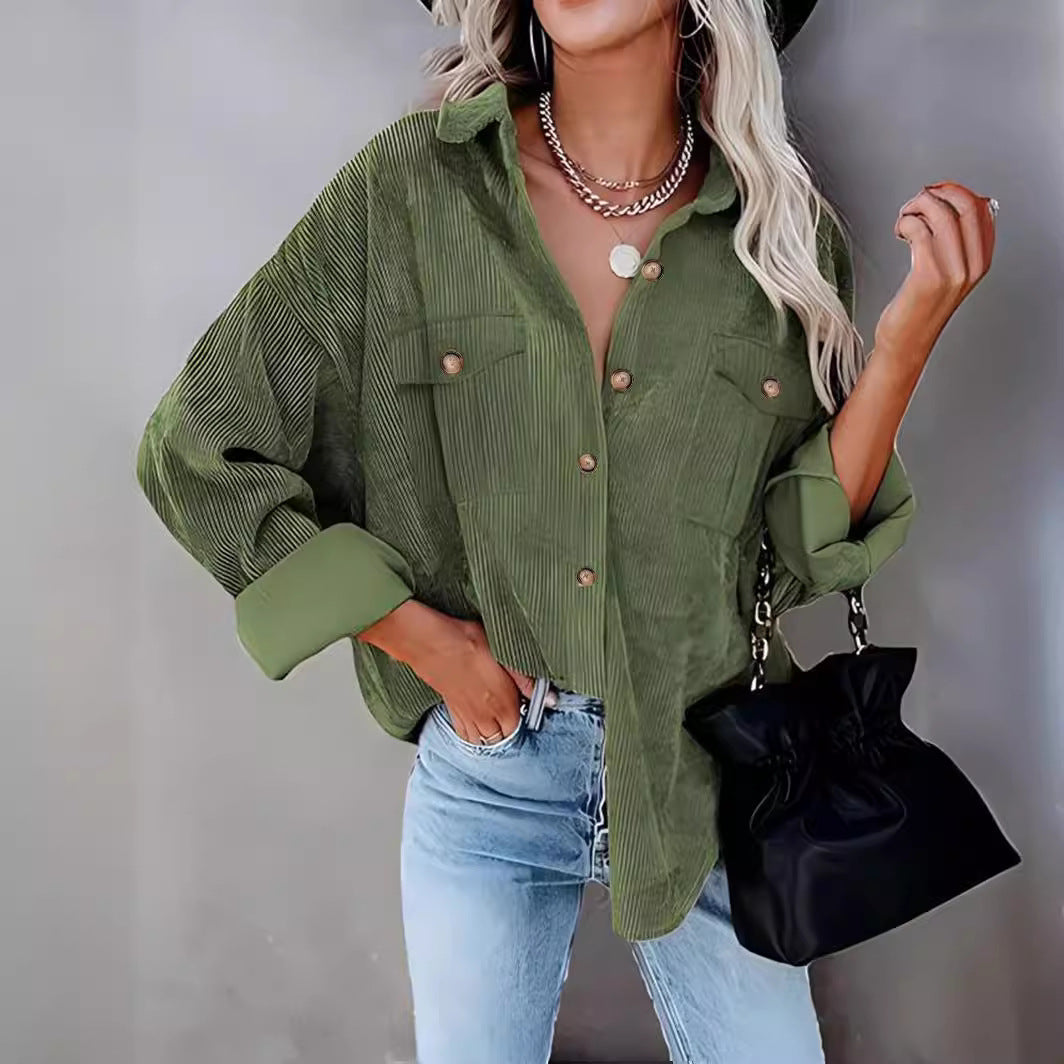 Womens Fashion Cropped Corduroy Shackets Button Down Jackets Tops Fall Trendy Long Sleeve Shirts - Seldom Seen Styles