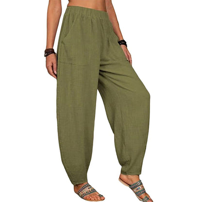 Womens Linen Plus Size High Elastic Waist Harem Pants Comfy Casual Loose Baggy Solid Pants Trousers with Pockets - Seldom Seen Styles
