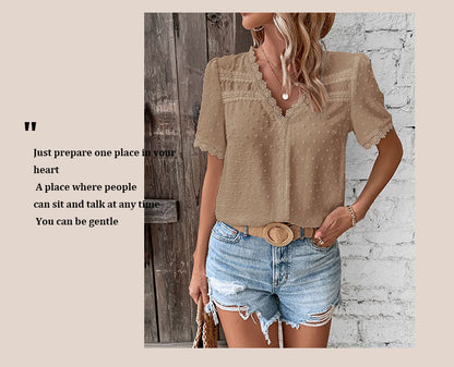 Women's 2025 Summer V Neck Lace Crochet Blouse Swiss Dot Business Casual Cute Shirts Tops