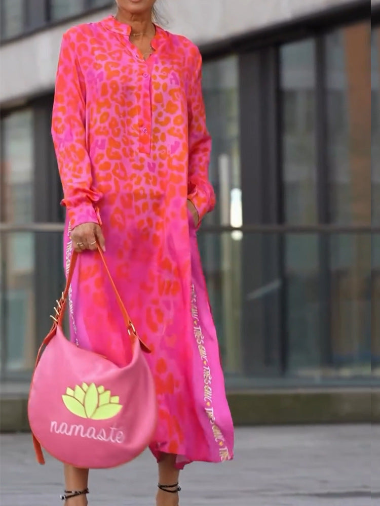 Women's Leopard Print Long Sleeve Split Maxi Dress V Neck Button Flowy Long Dress with Pockets Fashion Streetwears - Seldom Seen Styles