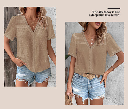 Women's 2025 Summer V Neck Lace Crochet Blouse Swiss Dot Business Casual Cute Shirts Tops
