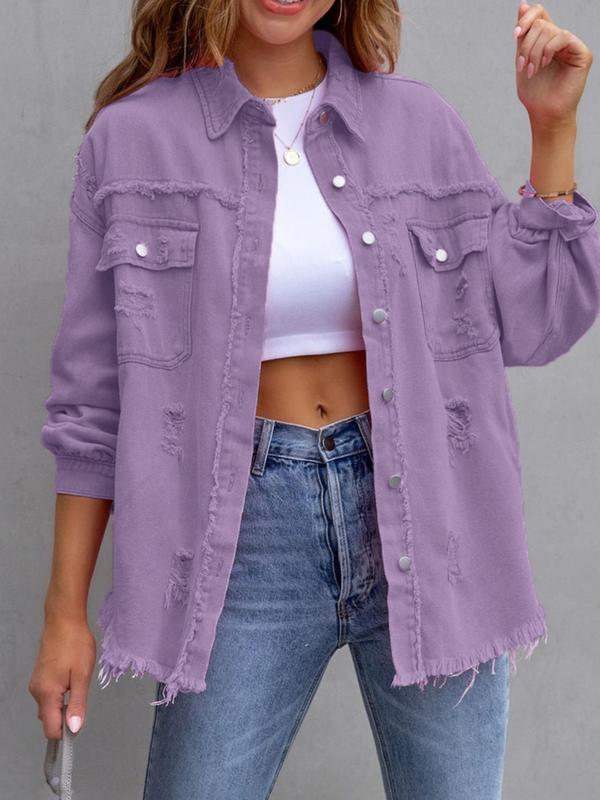 Women's Plain Ripped Raw Hem Button Front Drop Shoulder Coat, Casual Chic Pocket Long Sleeve Collared Outerwear for Daily Wear, Jackets - Seldom Seen Styles