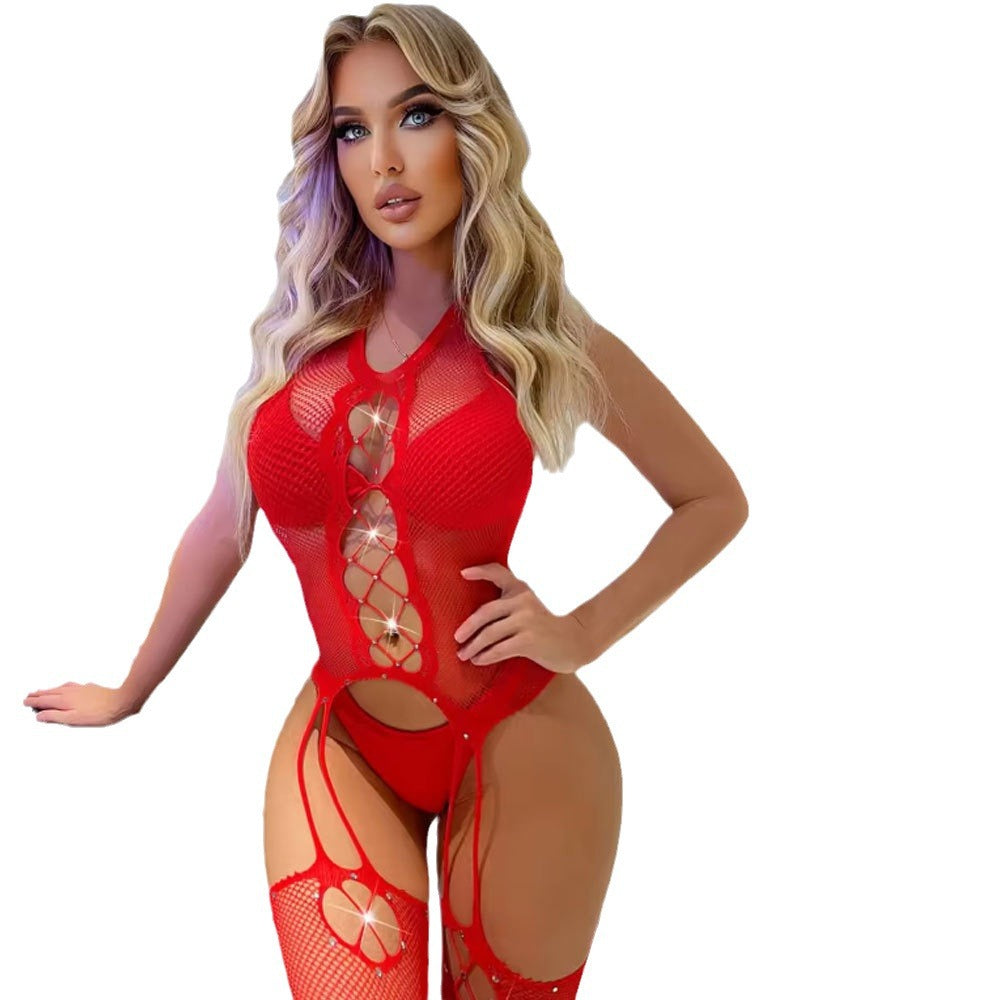 Hot Rhinestone Sexy Lingerie Sexy Strap Fishnet Stockings Open Crotch Anti-Slip Temptation Transparent One-Piece Stockings - Seldom Seen Styles