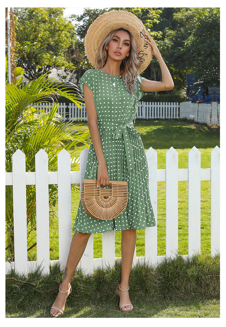 Polka Dot Dress for Women Casual Summer Midi Dress Crew Neck Short Sleeve