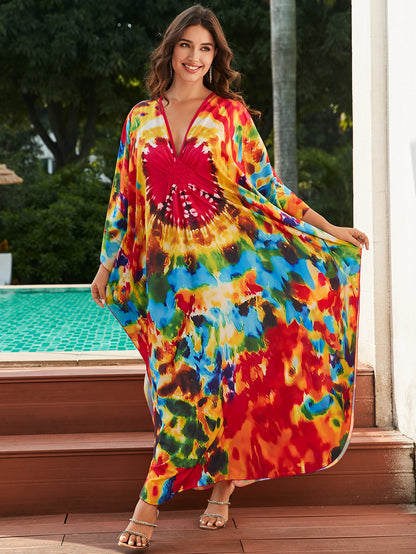 [Plus Size] Butterfly/feather Print Ruched Split Hem Tunic Dress, Valentine's Day Elegant Batwing Sleeve V Neck Long Dress for Summer, Casual Womenswear, Gift, Homecoming Dresses, Women's Clothes for Beach Holiday Vacation, Moo Moo Dresses