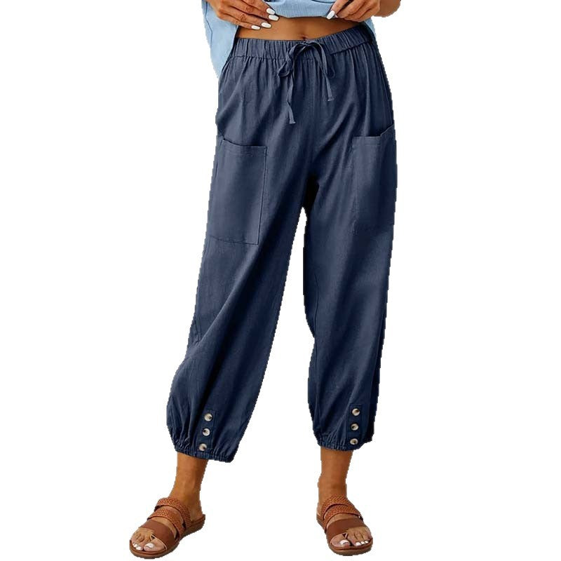 Women's Capri Pants High Waist Drawstring Cinch Bottom with Button Cotton Loose Casual Trouser with Pockets - Seldom Seen Styles