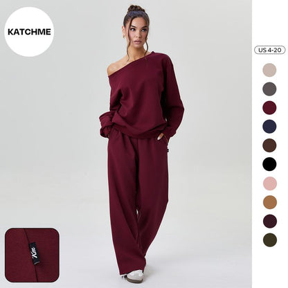 Women's Leisure Solid Color Sloping Shoulder Long Sleeve Top & Wide Leg Trousers Co-ord, Cozy Scoop Neck Loose Two Piece Outfits, Basic Womenswear