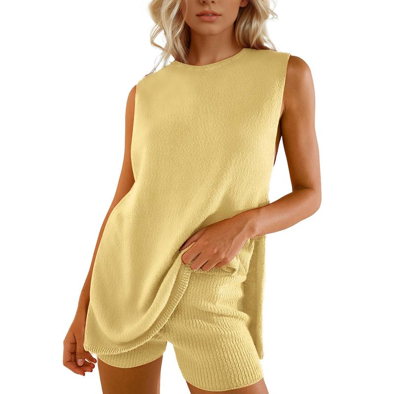 Women's 2 Piece Outfits Summer Knit Sweater Set Sleeveless Tunic Top Matching Shorts Trendy Beach Vacation Sets Loungesetwomen Suits Clothes Womenswear  Basic Beige - Seldom Seen Styles