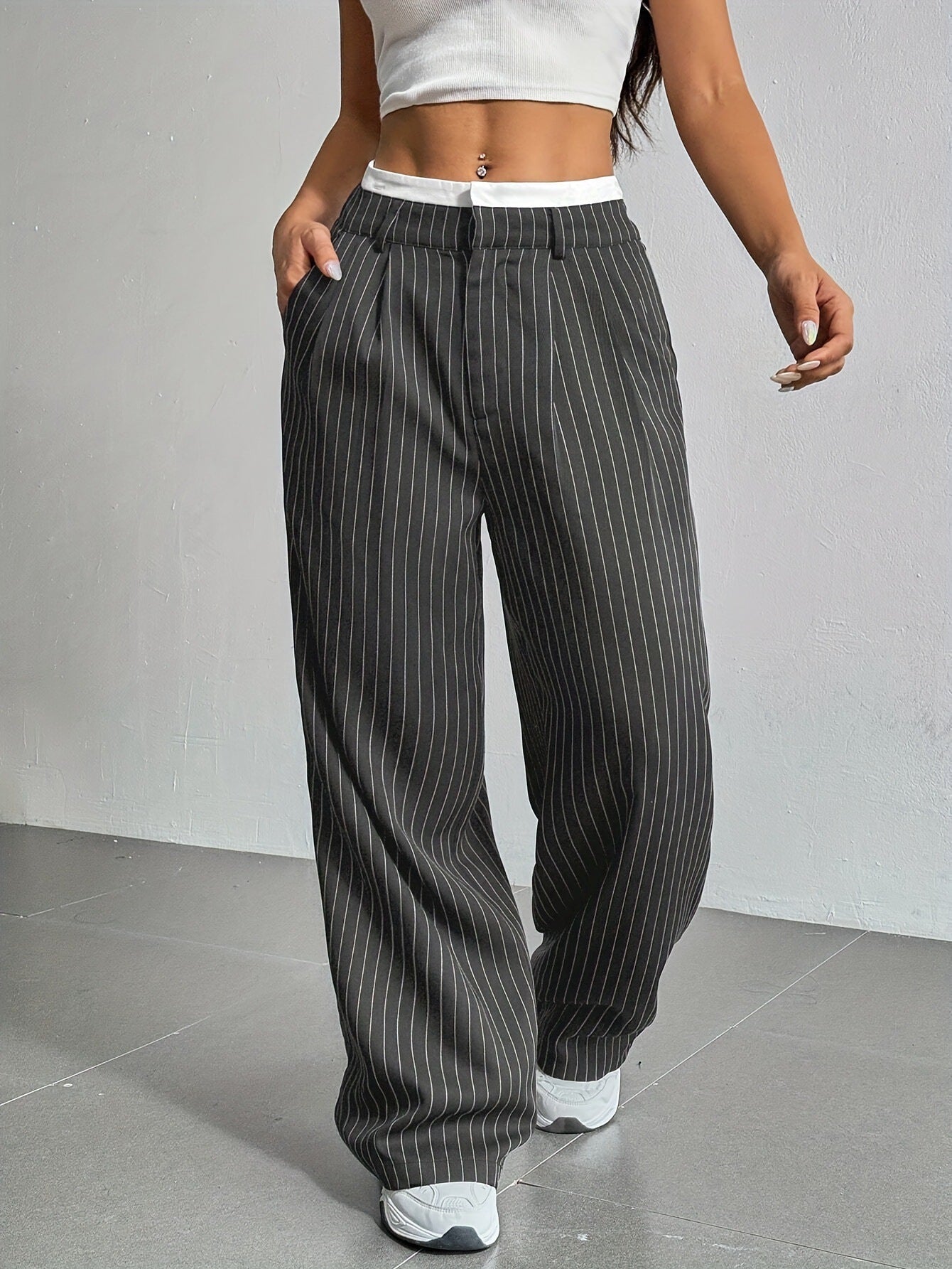 Women's Striped Pants Color Block High Waisted Wide Leg Casual Work Office Long Trousers - Seldom Seen Styles