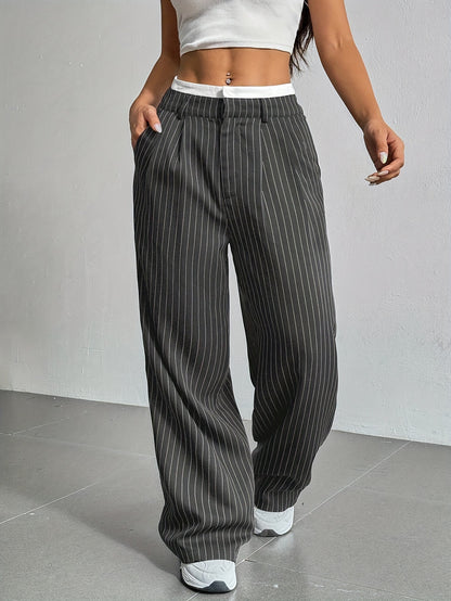 Women's Striped Pants Color Block High Waisted Wide Leg Casual Work Office Long Trousers - Seldom Seen Styles