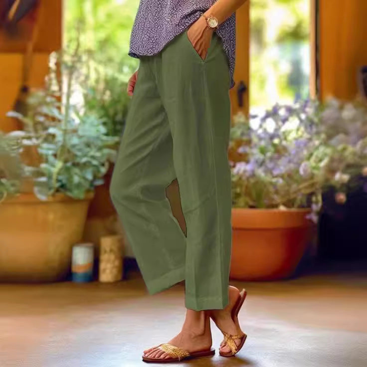 2024Cross-Border Amazon wish Independent Station Women's Cotton Linen Loose Solid Color Elastic Waist Pocket Straight Casual Pants - Seldom Seen Styles