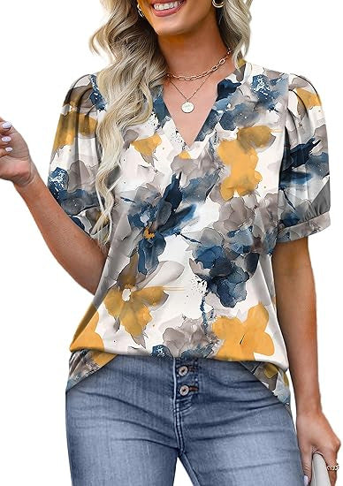 Womens Tops Summer Short Sleeve V Neck Blouses Business Casual Loose Fit Tshirts Trendy Fashion Outfits - Seldom Seen Styles