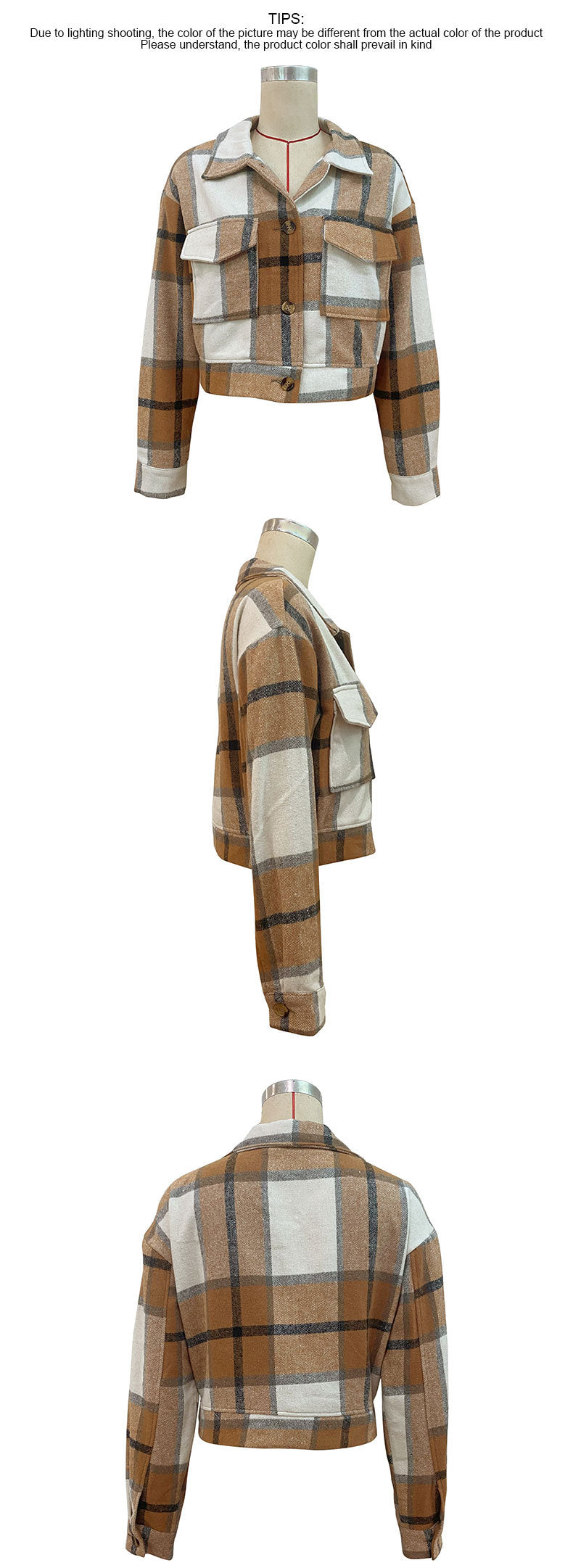 Women's Flannel Cropped Plaid Shacket Jacket Button Down Long Sleeve Shirts Tops