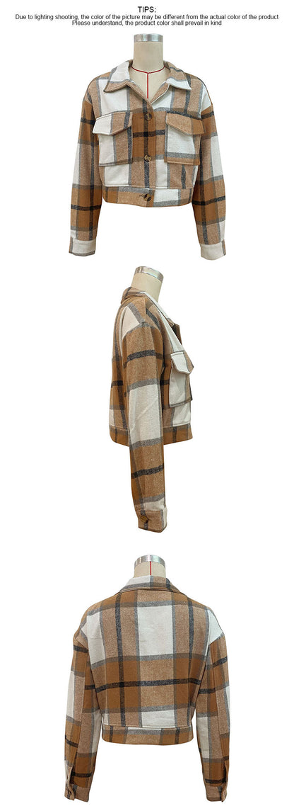 Women's Flannel Cropped Plaid Shacket Jacket Button Down Long Sleeve Shirts Tops