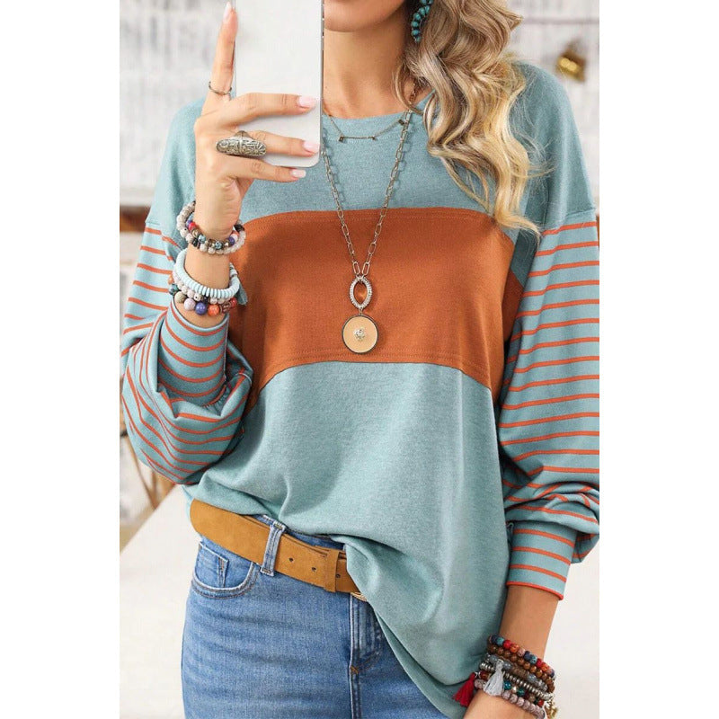 Long Sleeve Fall Tops Oversized 2025 Trendy Round Crew Neck Casual Color Block Womens Shirts Blouses - Seldom Seen Styles
