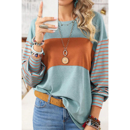 Long Sleeve Fall Tops Oversized 2025 Trendy Round Crew Neck Casual Color Block Womens Shirts Blouses - Seldom Seen Styles
