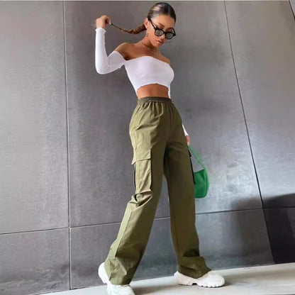 Girl's Elastic Waist Trousers Loose Straight Leg Flap Pocket Cargo Pants - Seldom Seen Styles