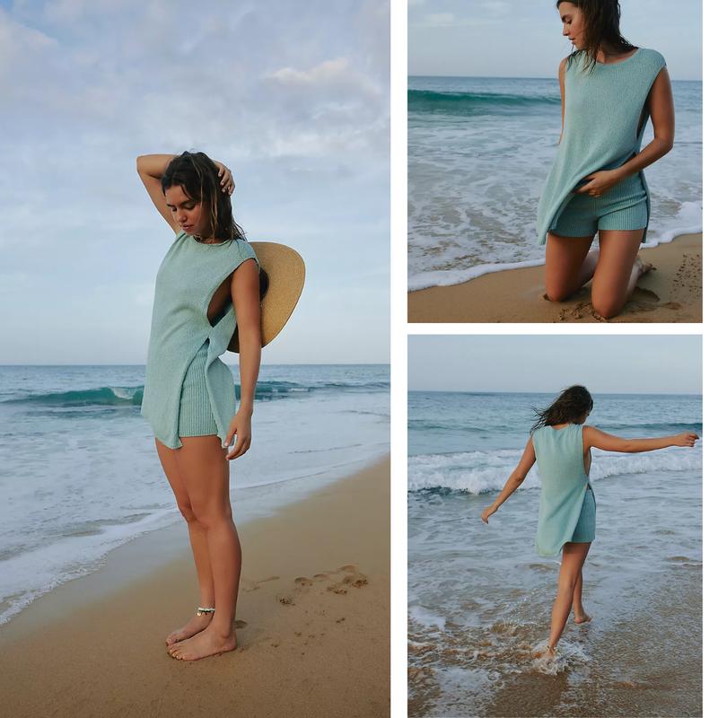 Women's 2 Piece Outfits Summer Knit Sweater Set Sleeveless Tunic Top Matching Shorts Trendy Beach Vacation Sets Loungesetwomen Suits Clothes Womenswear  Basic Beige - Seldom Seen Styles