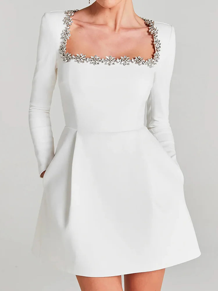 Éclat Lacceti Women's White Jewel Trim Long Sleeve Mini Dress - Seldom Seen Styles