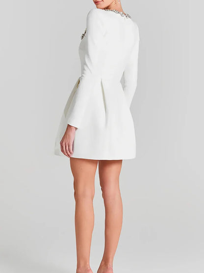 Éclat Lacceti Women's White Jewel Trim Long Sleeve Mini Dress - Seldom Seen Styles